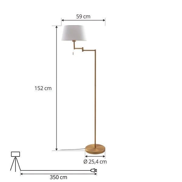 Abmessungen einer Stehlampe: Höhe 152 cm, Schirmdurchmesser 59 cm, Fußdurchmesser 25,4 cm, Kabellänge 350 cm