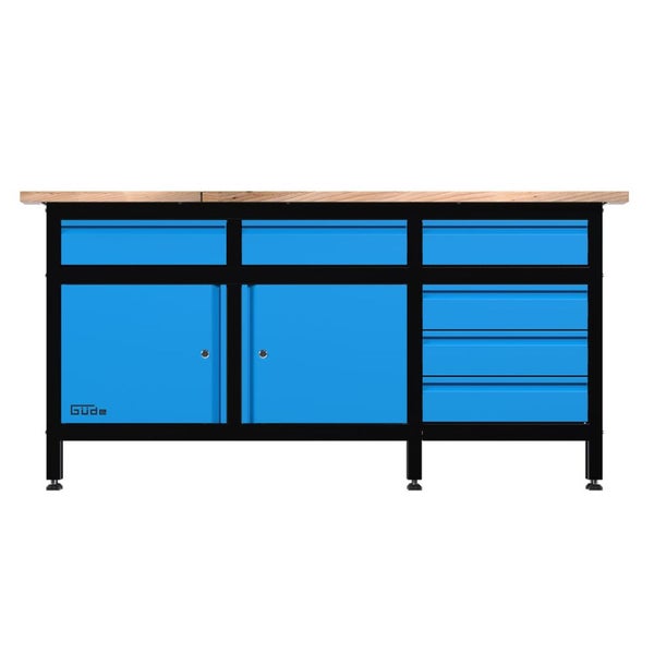 Güde Werkbank mit Holzplatte, sechs blauen Schubladen, zwei blauen Türen und höhenverstellbaren Füßen.