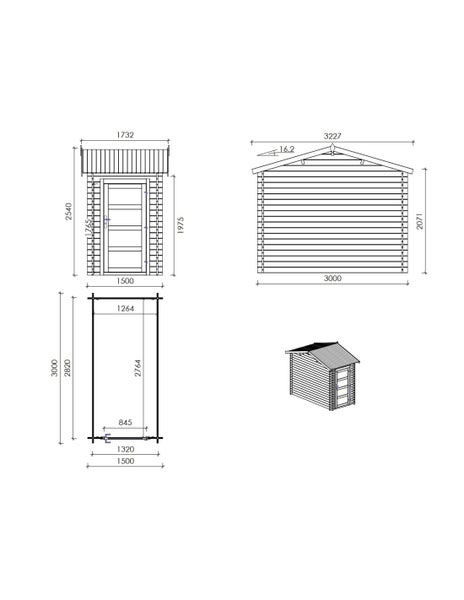 Technische Zeichnung eines Gartenhauses aus Holz mit Vorderansicht, Seitenansicht, Grundriss und 3D-Ansicht inklusive Maßangaben in Millimetern.