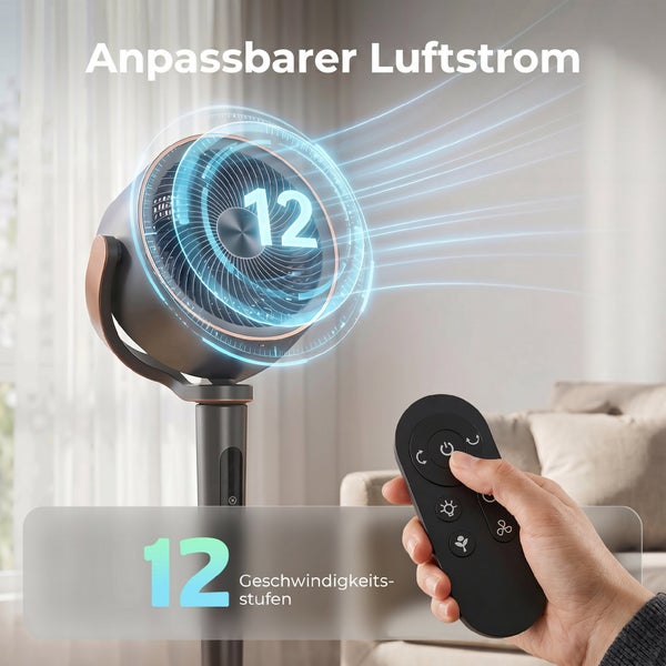 Moderner Standventilator mit Fernbedienung, 12 Geschwindigkeitsstufen und anpassbarem Luftstrom im Wohnzimmer.