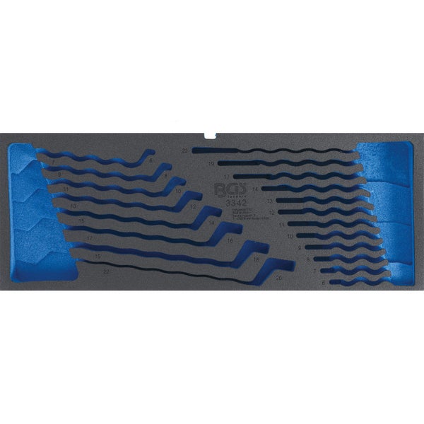 BGS Technic Schaumstoffeinlage für Maul-Ringschlüssel-Satz mit Aussparungen für Werkzeuggrößen von 6 bis 22, BGS Technic Logo.