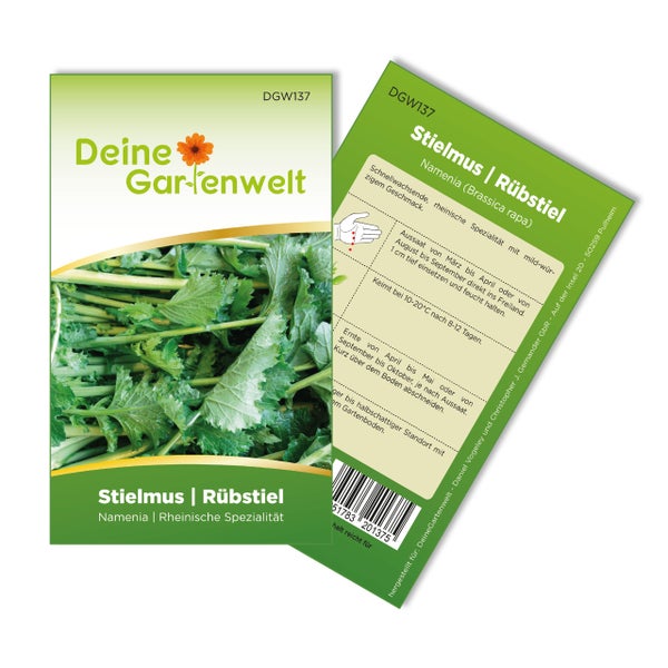 Deine Gartenwelt Logo auf einer Samenpackung für Stielmus und Rübstiel Namenia mit Anbauanweisungen auf der Rückseite.