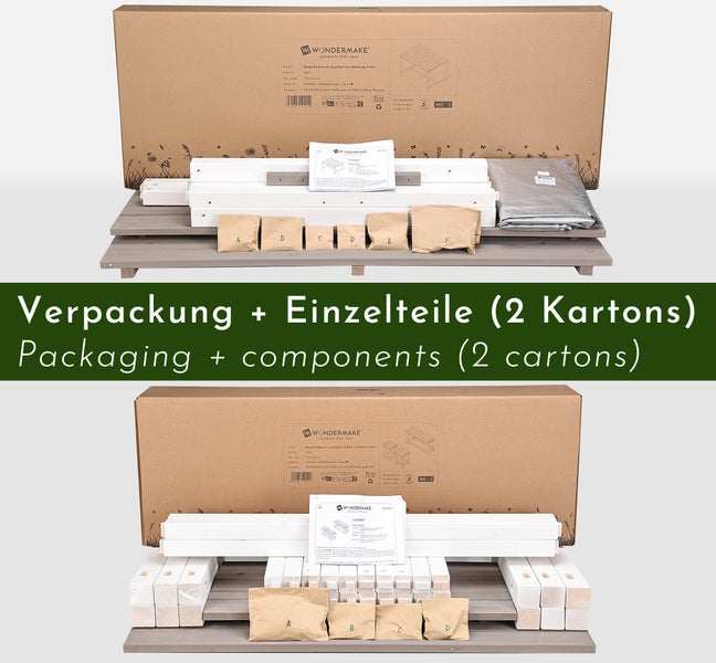 WONDERMAKE® Design Sitzgruppe Sitzgarnitur Holz mit Abdeckung Outdoor Garten Balkon 4 Personen Plätze, Essgruppe Möbel-Set Essgarnitur draußen außen, 4-teilig: Tisch Sitzbank Stühle Hocker, weiß grau