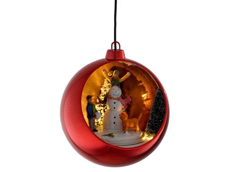 Weihnachtskugel zum Aufhängen mit beleuchteter Winterlandschaft, Schneemann und Figuren.