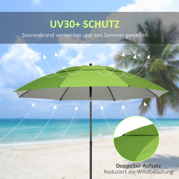 Outsunny Sonnenschirm, Ø185 cm Strandschirm mit UV-Schutz, Marktschirm mit Doppeldach, 8 Streben, Terrassenschirm mit Tasche für Garten, Balkon, Stahl, Grün