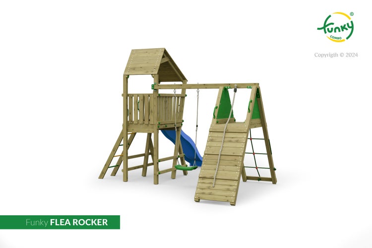 Funky Combo FLEA ROCKER Spielturm aus Holz mit Dach, Rutsche, Schaukel, Kletterwand und Strickleiter. Funky Combo Logo.