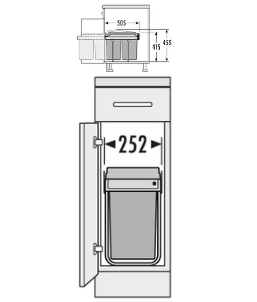 Technische Zeichnung eines Abfallbehälterschranks mit Maßangaben