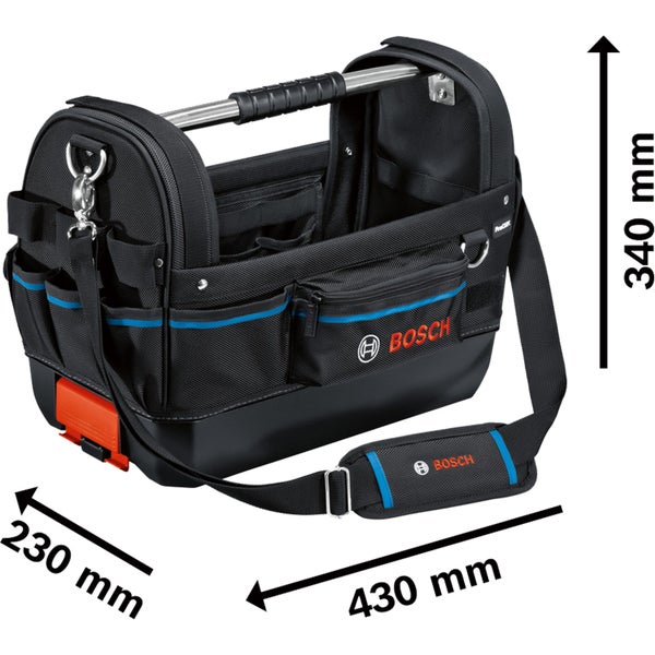 Bosch Werkzeugtasche mit den Maßen 430 mm x 230 mm x 340 mm.