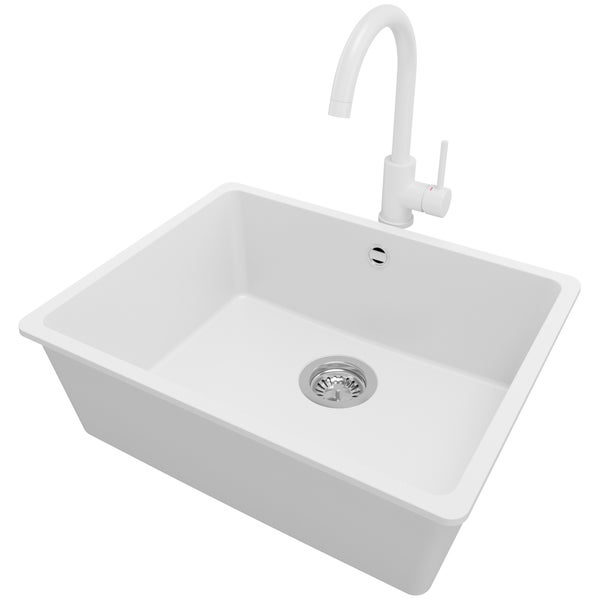 PRIMAGRAN Granitspüle Weiß 56x44cm, Spülbecken 1 Becken + Küchenarmatur 32x20cm + Ablauf-Set, Küchenspüle ab 60er Unterschrank - Venedig Slim Easy