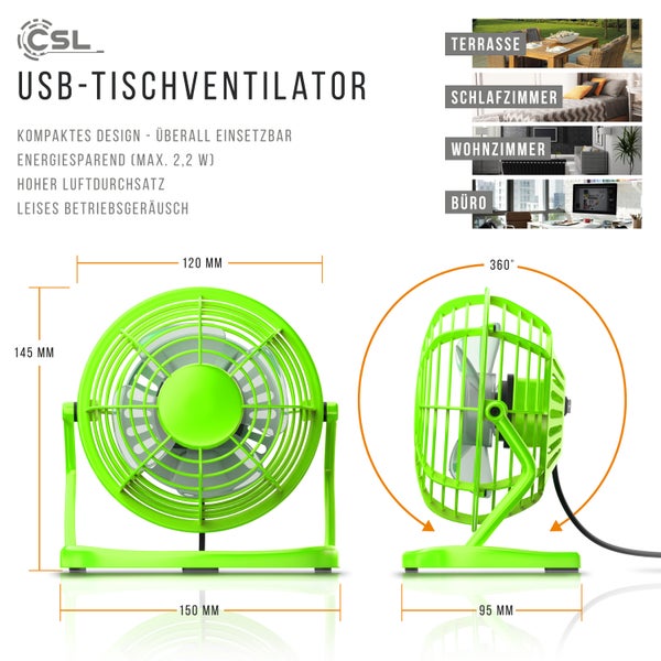 CSL Mini USB-Ventilator, Tischventilator neigbar, An/Aus-Schalter, optimal für den Schreibtisch, grün