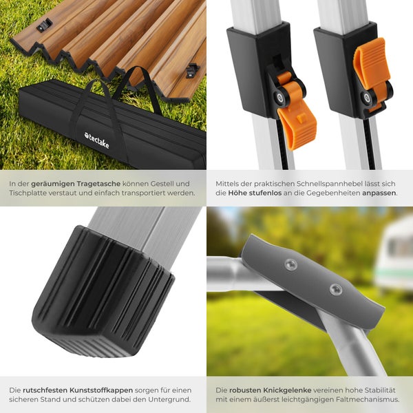 Detailansichten eines Campingtischs mit Tragetasche, Tischplatte, Schnellspannhebel zur Höhenverstellung, Kunststoffkappe und Klappmechanismus.