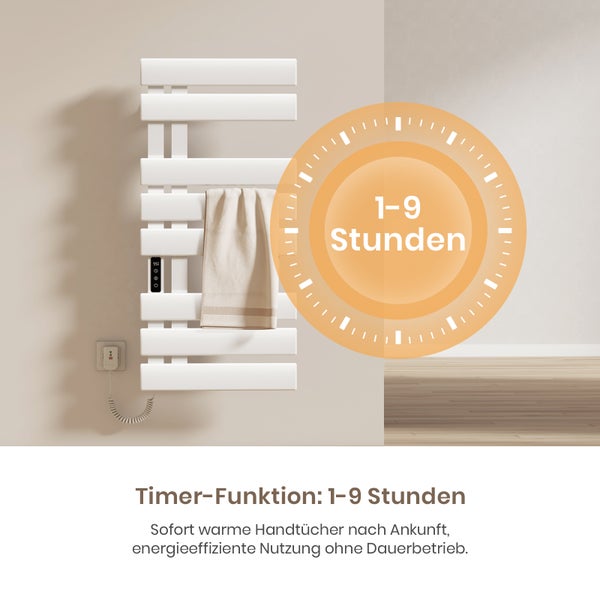 EMKE Elektrischer WLAN-Handtuchwärmer, 850×400 mm, 230W, Smart Touch & App-Steuerung, IPX5, Linksanschluss, flache Rohre, Weiß