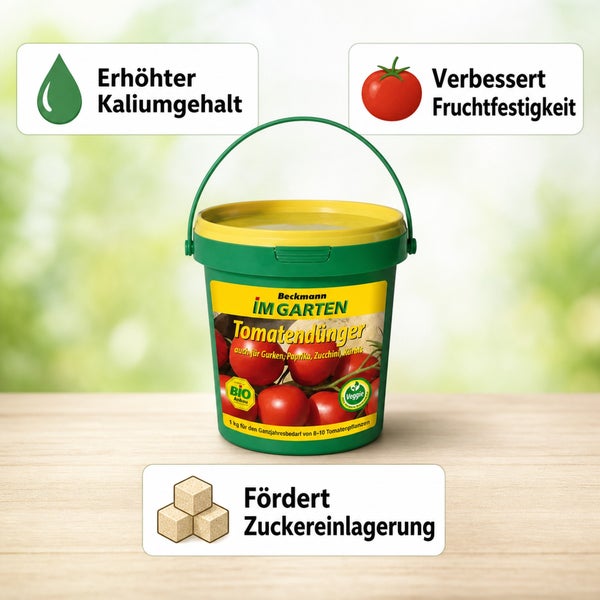 Eimer mit Beckmann Im Garten Tomatendünger für Tomaten, Gurken, Paprika, Zucchini und Kürbis mit Hinweisen zu Kalium, Fruchtfestigkeit und Zucker.