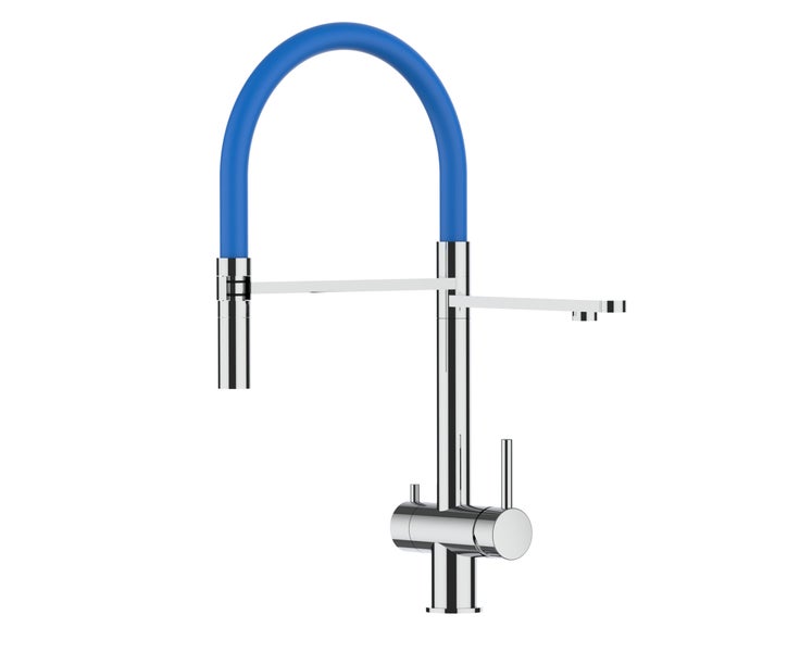 3 Wege Wasserhahn Küchenarmatur, Edelstahl Massiv mit 360° schwenkbarem Auslauf, abnehmbare 2 strahl Handbrause, Hochglanz / Blau
