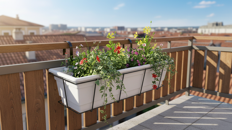 Weißer Balkonkasten mit schwarzer Halterung an einem Holzgeländer, bepflanzt mit bunten Blumen und Efeu vor einem Stadtpanorama.