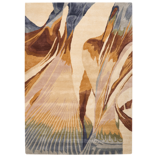 Rechteckiger Teppich mit modernem, abstraktem Muster in Beige, Braun und Blau.
