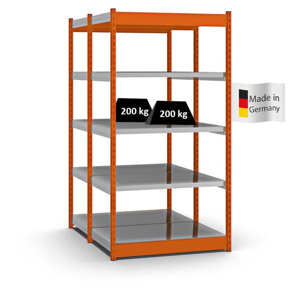 PROREGAL Fachbodenregal Stecksystem Vierkant-Profil Grundregal HxBxT 200 x 102,5 x 60 cm 2x5 Ebenen Doppelseitige Bauart Fachlast 200 kg Orange