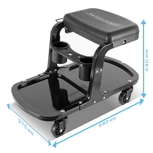 Werkstatthocker mit Rollen, Ablageflächen und Getränkehalter