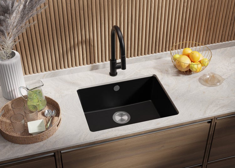 PRIMAGRAN Unterbauspüle Granit Schwarz 56x44cm, Spülbecken 1 Becken + Küchenarmatur 40x20cm + Ablauf-Set, Granitspüle ab 60er Unterschrank - Venedig Easy