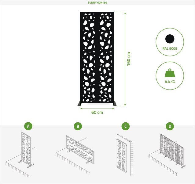 Set mit 3 dekorativen Paneelen SUNNY Schwarz H.160cm mit Mustern an den Seiten