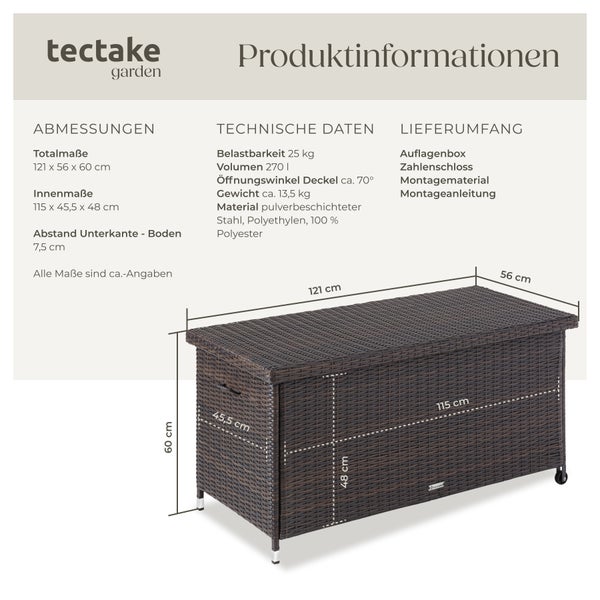 Auflagenbox tectake Kiruna 121 x 56 x 60 cm 270 l, mit Rattangeflecht braun