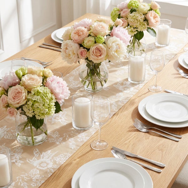Festlich gedeckter Holztisch mit Blumenvasen, Kerzen in Glaszylindern, weißem Geschirr und Besteck auf einem Tischläufer mit floralem Muster.