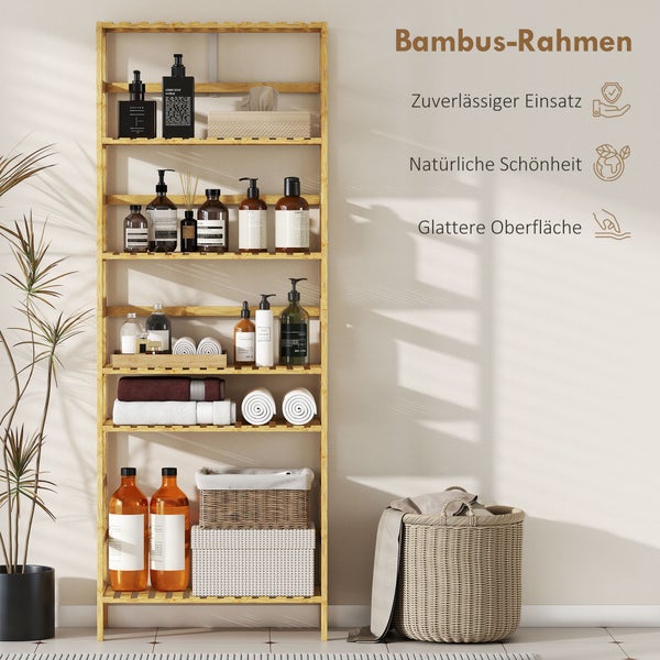 Bambusregal für das Badezimmer mit sechs Ablagen für Seifenspender und Körbe. Natürliche Optik, zuverlässige Nutzung und glatte Oberfläche.
