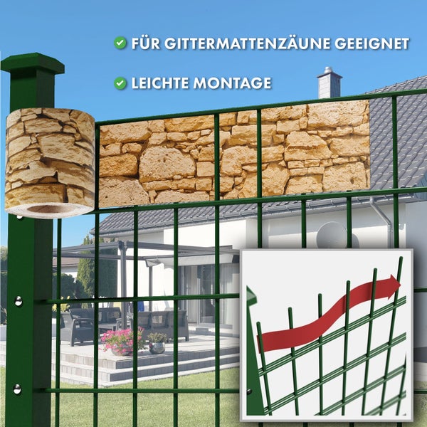 FLOORDIREKT PVC Sichtschutzstreifen 19 cm x 35 m für Gartenzäune Blickdicht Stein-Optikgrob
