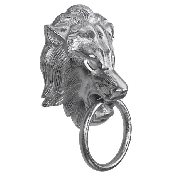 WOMO-DESIGN Handtuchhalter Löwenkopf mit Ring, aus Aluminium vernickelt, Unikat, Silber, (BxH): 10x31 cm, Designer Löwenkopf, Handtuchring Türklopfer Löwe Lion Wandfigur WC Bad Dekoration Accessoire