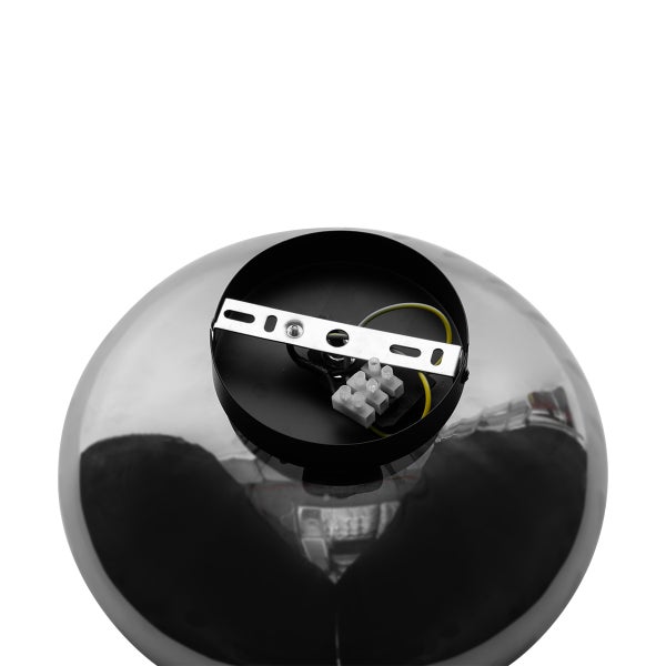 Innenansicht einer Kugel-Pendelleuchte mit Montageelementen und elektrischen Verbindungen