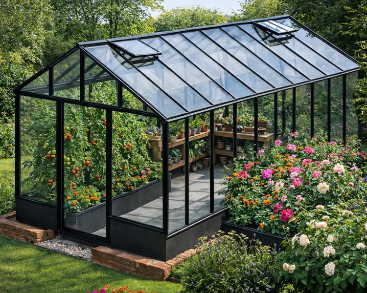 Großes Gewächshaus aus Glas mit schwarzem Metallrahmen im Garten, ausgestattet mit Dachfenstern, Regalen, Tomatenpflanzen und Blumen.