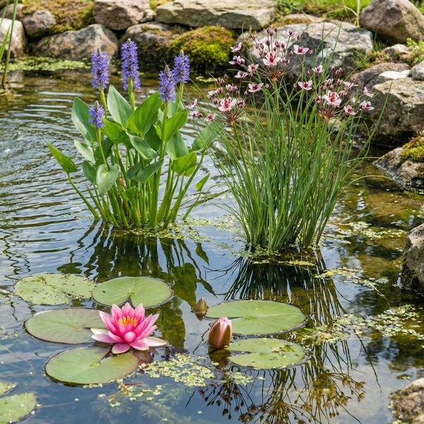 Hell gestalteter Gartenteich mit blühenden Wasserpflanzen wie Seerosen, Hechtkraut und Schwanenblumen vor einer Kulisse aus Natursteinen.