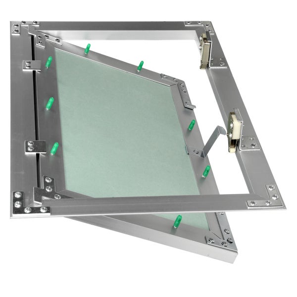 Revisionsklappe aus Aluminium mit Gipskarton-Einlage, halb geöffnet.