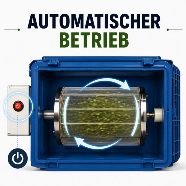 Trimmer für automatischen Betrieb mit rotierender Trommel in einer blauen Box und Bedienpanel mit Ein-Aus-Schalter.