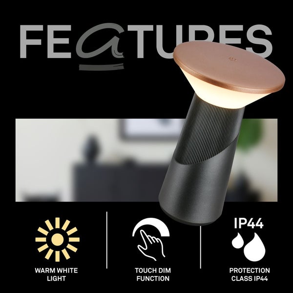 Tragbare LED-Tischleuchte mit warmweißem Licht, Touch-Dimmfunktion und Schutzart IP 44.