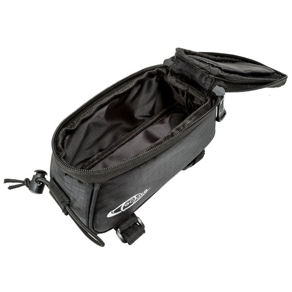 Geöffnete schwarze Fahrradrahmentasche