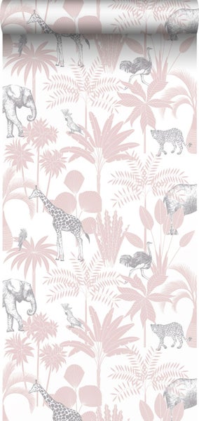 Vliestapete mit rosa Palmenblättern und grauen Safari-Tieren wie Giraffen, Elefanten und Leoparden.