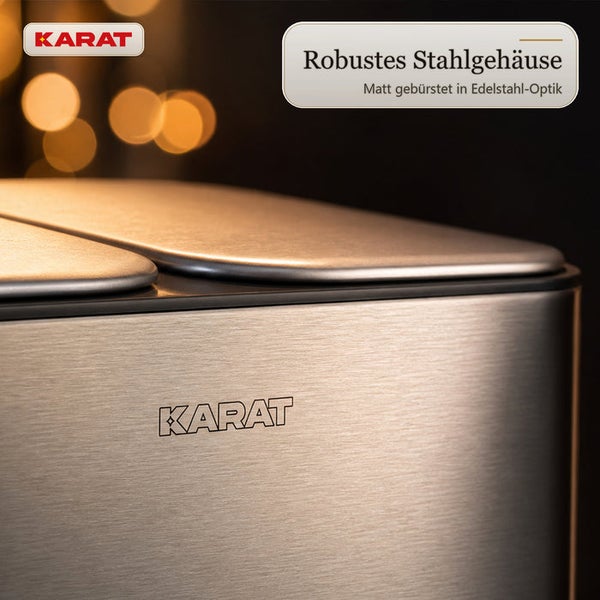 Abfalltrenner aus robustem Stahl mit matt gebürsteter Oberfläche in Edelstahloptik mit Karat Logo.