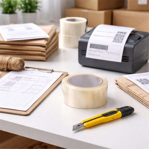 Versand- und Verpackungsmaterialien auf einem Tisch mit Etikettendrucker, Klebeband, Cuttermesser, Klemmbrett und Versandtaschen aus Kraftpapier.