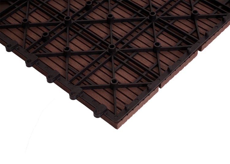 Unterseite einer Terrassenfliese aus Holz-Kunststoff-Verbundwerkstoff mit Gitterstruktur aus Kunststoff und Klicksystem.