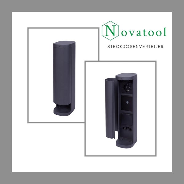Novatool Logo. Novatool Steckdosenverteiler für den Außenbereich, Gartensteckdose, geschlossen und geöffnet dargestellt.
