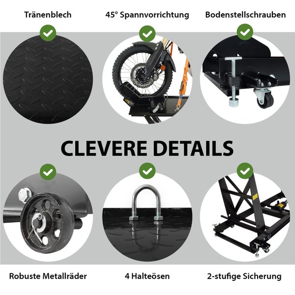 Detailansicht eines Motorradhebers mit Riffelblech, Spannvorrichtung, Bodenstellschrauben, Metallrädern, Halteösen und Sicherung