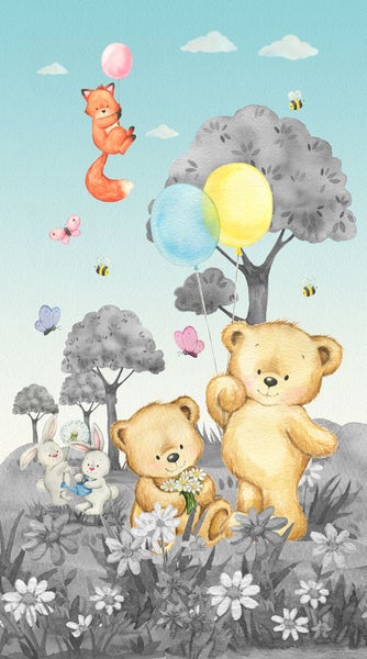 Illustration mit Bären, Hasen, Füchsen und Ballons in einer Waldszene