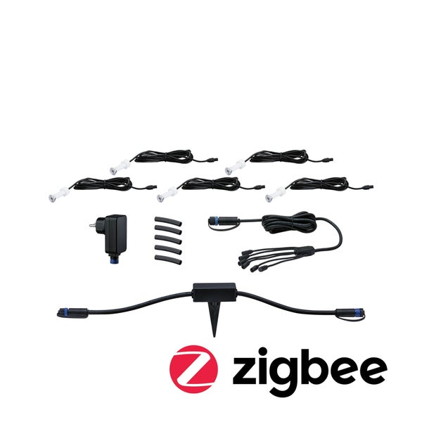 Zigbee Gartenleuchten Set mit sechs Leuchten, Stecker und Kabel