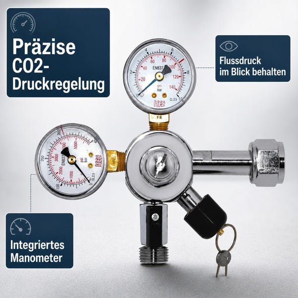 Druckminderer für Bierzapfanlagen mit zwei Manometern zur Messung von Flaschen und Arbeitsdruck für eine konstante Bierkarbonisierung.