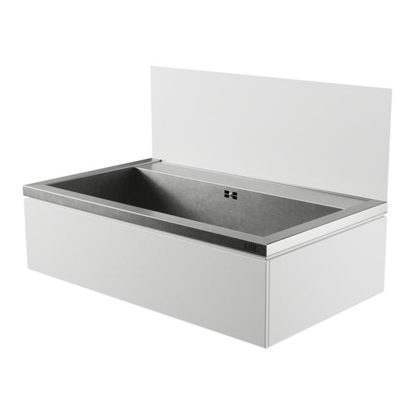 Einbauwaschbecken aus Edelstahl mit integriertem Spritzschutz und rechteckigem Design für Badezimmer.
