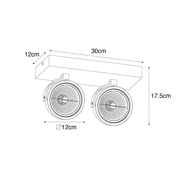 Technische Zeichnung einer Deckenleuchte mit zwei Strahlern und Maßangaben
