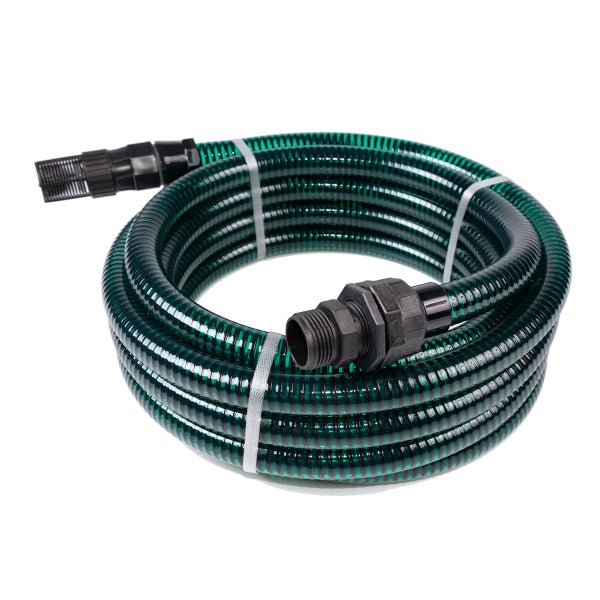 Grüner Spiralsaugschlauch für Pumpen mit Anschlussgarnitur und Saugkorb.