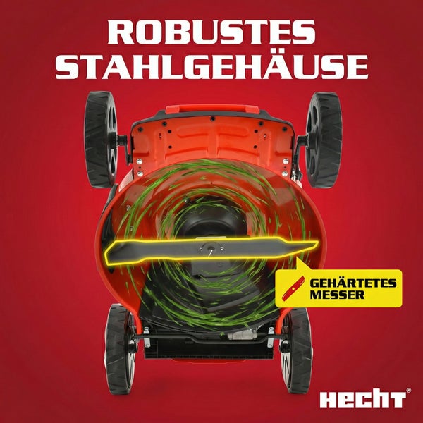 Ansicht von unten eines Rasenmähers mit Stahlgehäuse und gehärtetem Messer.