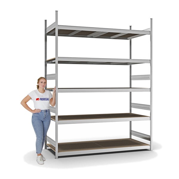 PROREGAL Weitspannregal Stecksystem T-Profil Grundregal HxBxT 300x225x80 cm 5 Ebenen Spanplatten Fachboden Fachlast 350 kg Verzinkt